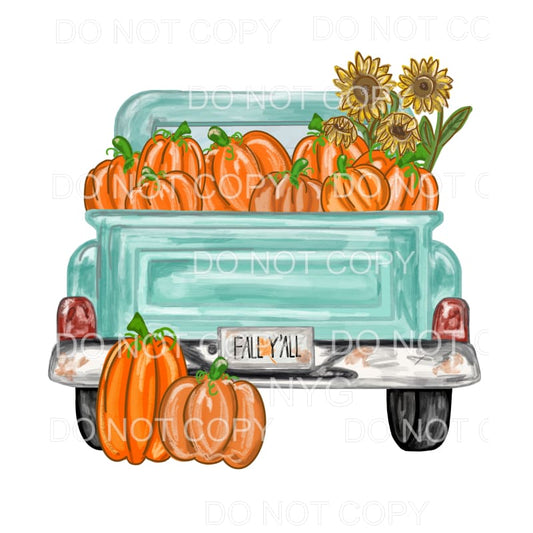 Fall Y’all Turquoise Vintage Truck Pumpkins Sunflowers 