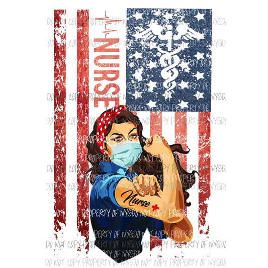 Flag Red white Blue Nurse Flag Brown Hair Sublimation transfers Heat Transfer