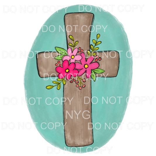 Floral Cross Teal Circle Sublimation transfers - Heat 