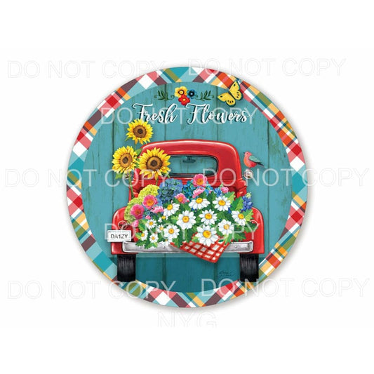 Fresh Flowers Red Vintage Truck Plaid Circle Frame 
