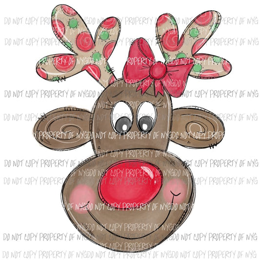 Girl Reindeer Red Nose Bow # 2 Sublimation transfers Heat Transfer