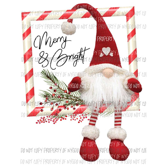 Gnome Candy cane frame merry and Bright Christmas Sublimation transfers Heat Transfer