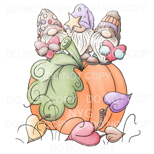 Gnome Trio Standing On Large Pumpkin Hearts Fall Autumn #417