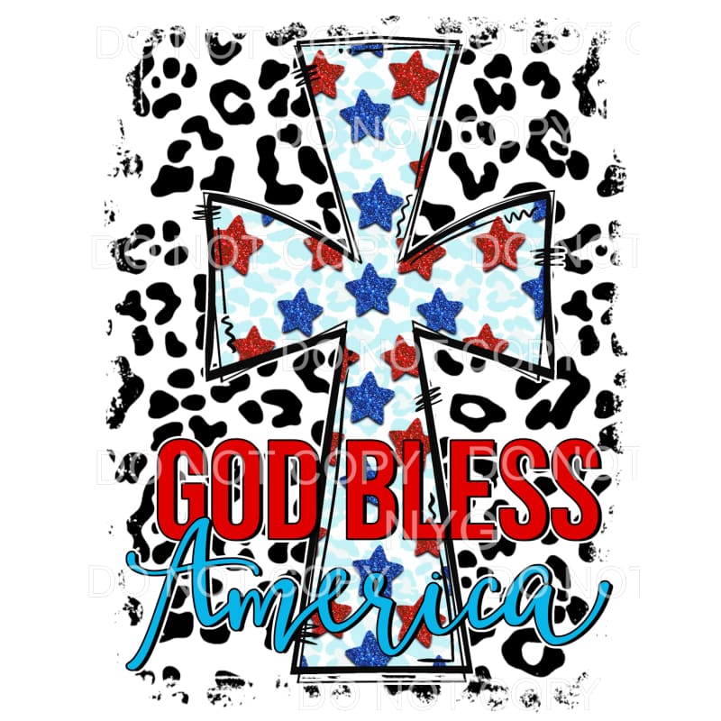 God Bless America Cross Red Blue Stars Leopard 4th Of July 