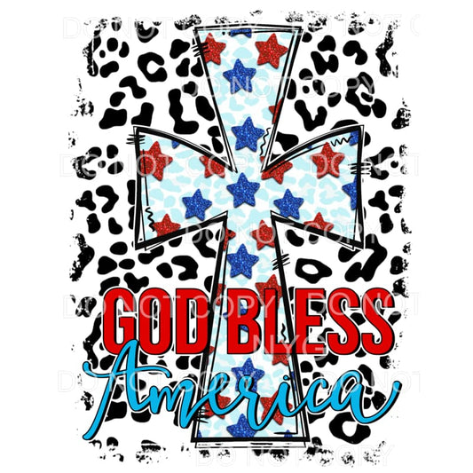 God Bless America Cross Red Blue Stars Leopard 4th Of July 