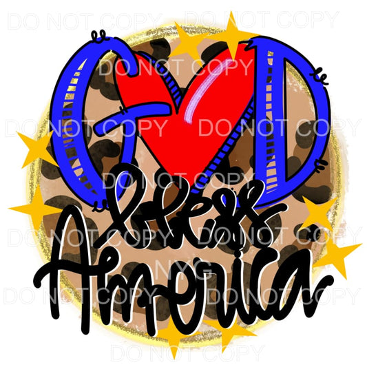 God Bless America Leopard Circle Gold Stars Sublimation 