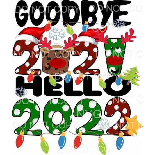 Goodbye 2021 Hello 2022 Reindeer Lights Green Red Polka Dots