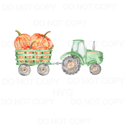 Green Farm Tractor Pulling Wagon with Pumpkins #1693 