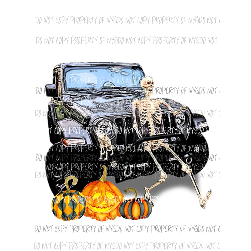 Halloween black Jeep pumpkins skeletons Sublimation transfers Heat Transfer