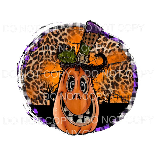 Halloween Funny Face Pumpkin Orange Leopard Circle 