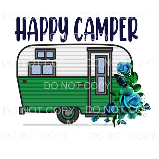 Happy Camper Blue Green Flowers Sublimation transfers - Heat
