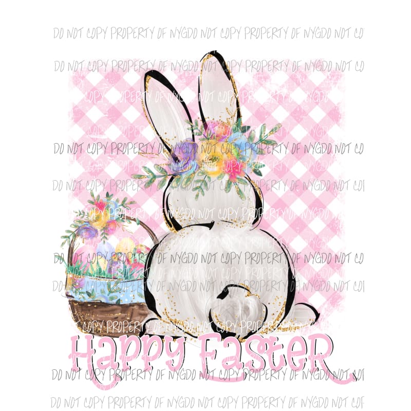 Happy Easter pink gingham bunny basket Sublimation transfers Heat Transfer