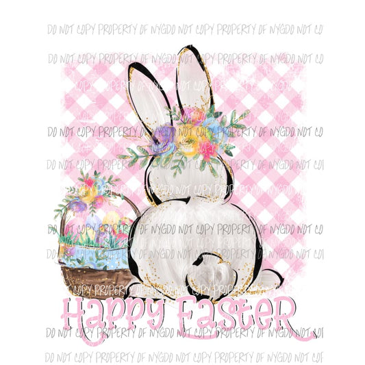 Happy Easter pink gingham bunny basket Sublimation transfers Heat Transfer
