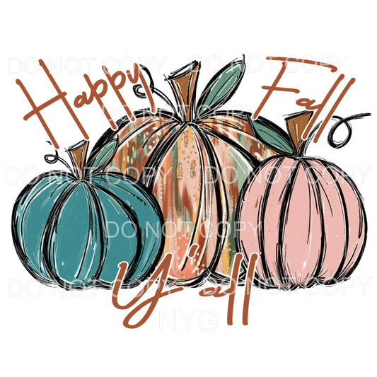 Happy Fall Y’all 3 Pumpkins Brushstrokes Glitter Pink Green 