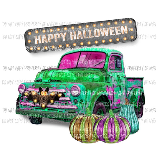 Happy Halloween Old Truck Neon Pumpkins Sublimation transfers Heat Transfer