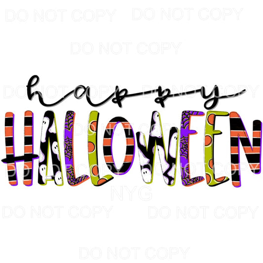 Happy Halloween Stripes Ghosts Web Pattern Letters 