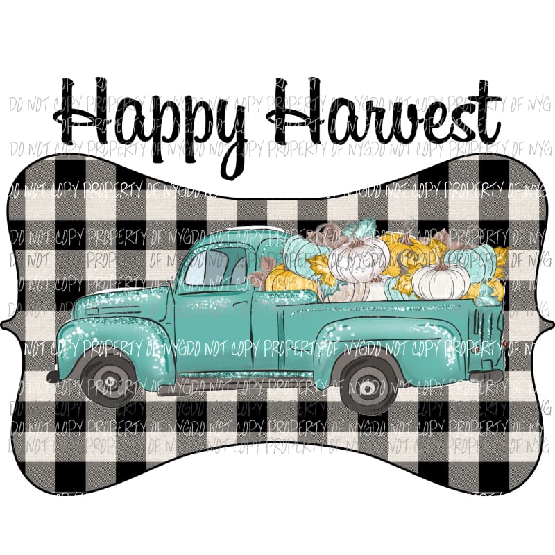 Happy Harvest Green Old Truck Buffalo Plaid Pumpkins Sublimation transfers Heat Transfer
