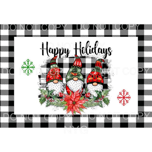 Happy Holidays Christmas Gnomes Trio Black Buffalo Plaid 
