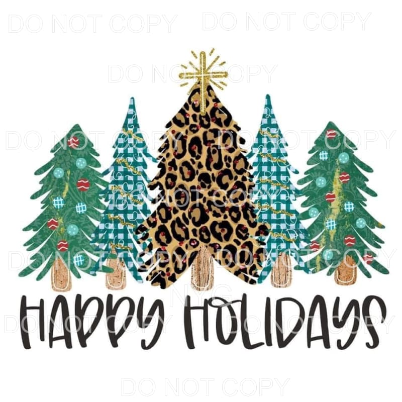 Happy Holidays Christmas Trees Blue Plaid Leopard #1837 
