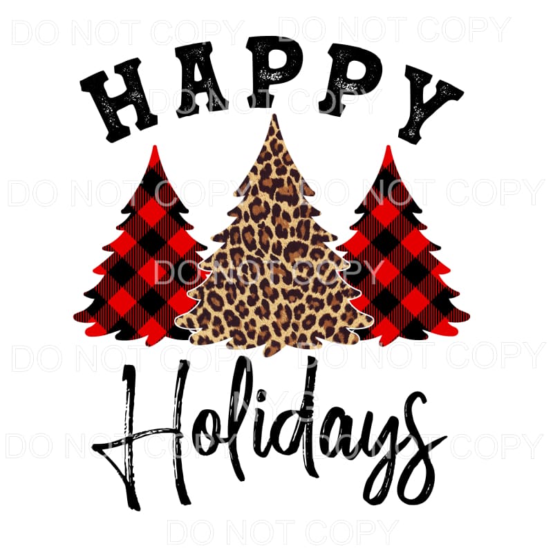 Happy Holidays Red Black Plaid Leopard Trees Trio 