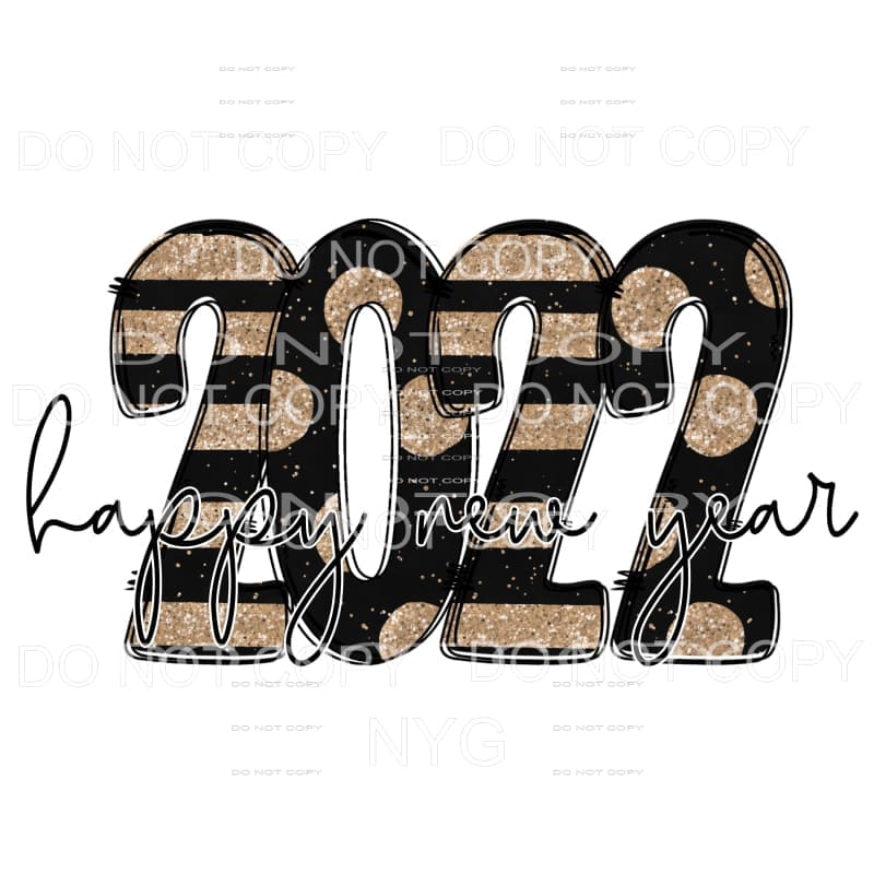 Happy New Year 2022 Black Gold Stripes Polka Dots Glitter 