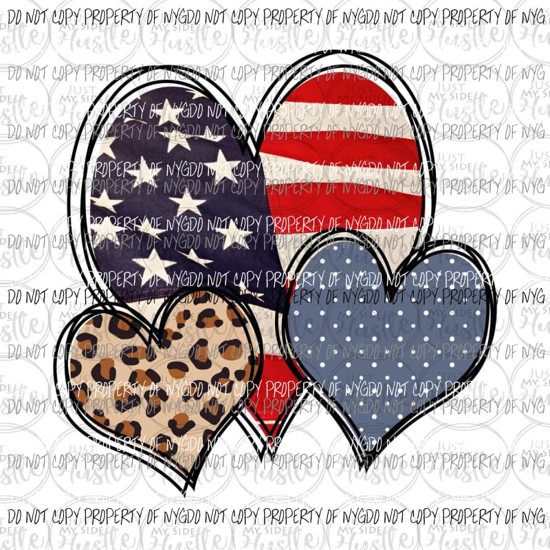 Heart Trio #2 American Flag Leopard Blue Dots Sublimation transfers Heat Transfer
