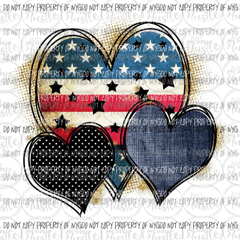 Heart Trio #3 American Flag Denim Black Dots Sublimation transfers Heat Transfer