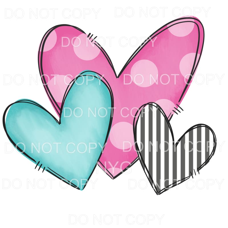 Hearts Trio Pink Polka Dots Teal Black Stripes Sublimation 