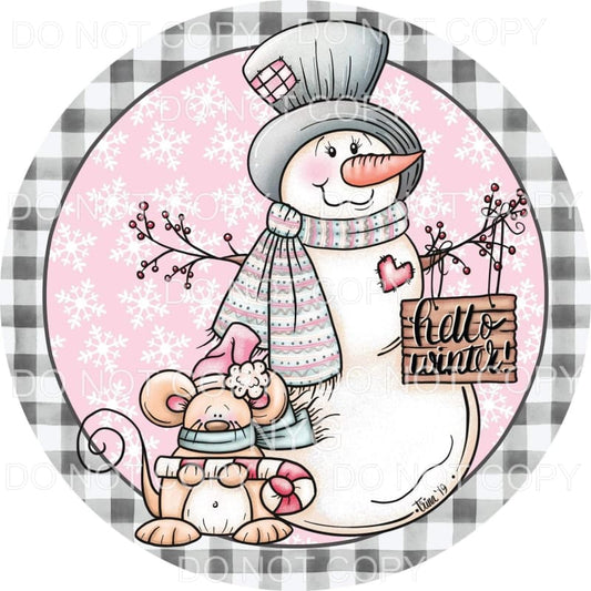 Hello Winter Vintage Snowman Mouse Pink Snowflack Background