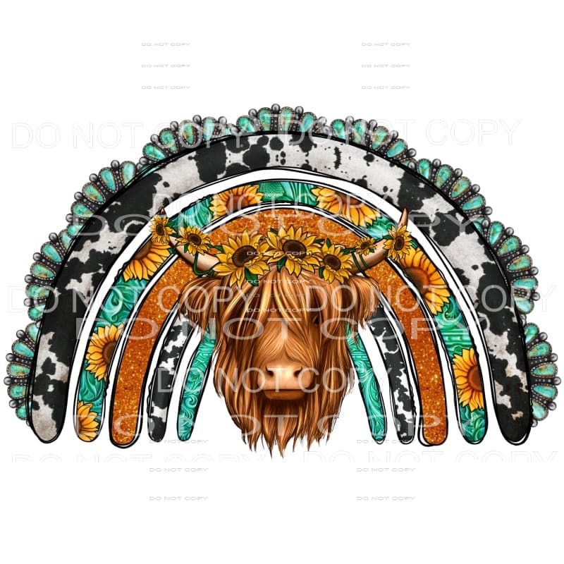 Highland Cow Rainbow Turquoise Cowhide Sunflowers #2135 
