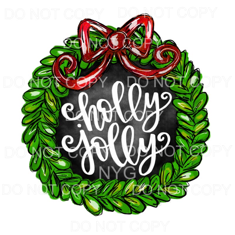 Holly Jolly Christmas Wreath Red Bow Black Watercolor 