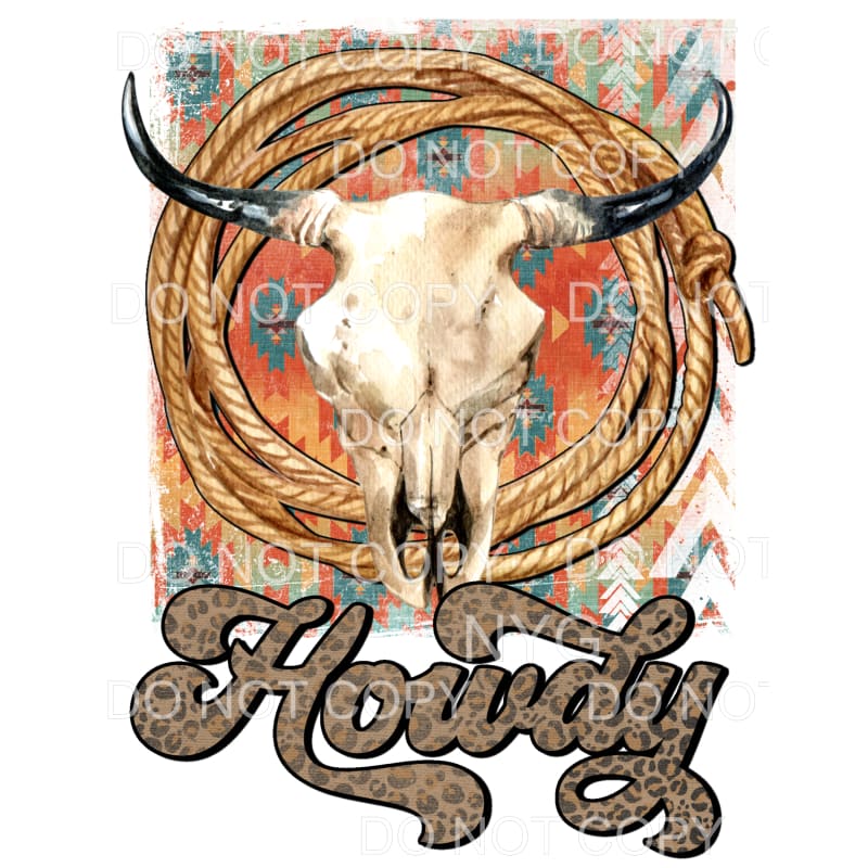 Howdy Bull Skull Leopard Lasso Aztec Print Background 