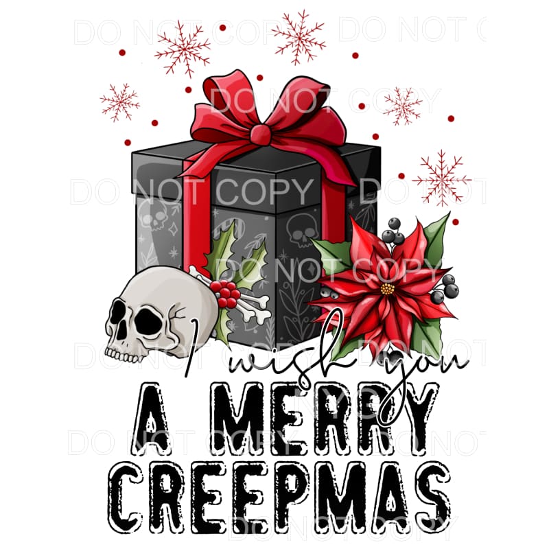 I Wish You A Merry Creepmas Skull Black Gift Red Bow 