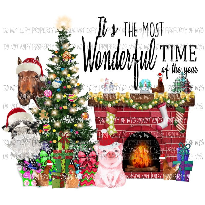 Its the most wonderful time of the year Pig cow chickens Horse Santa Sublimation transfers Heat Transfer