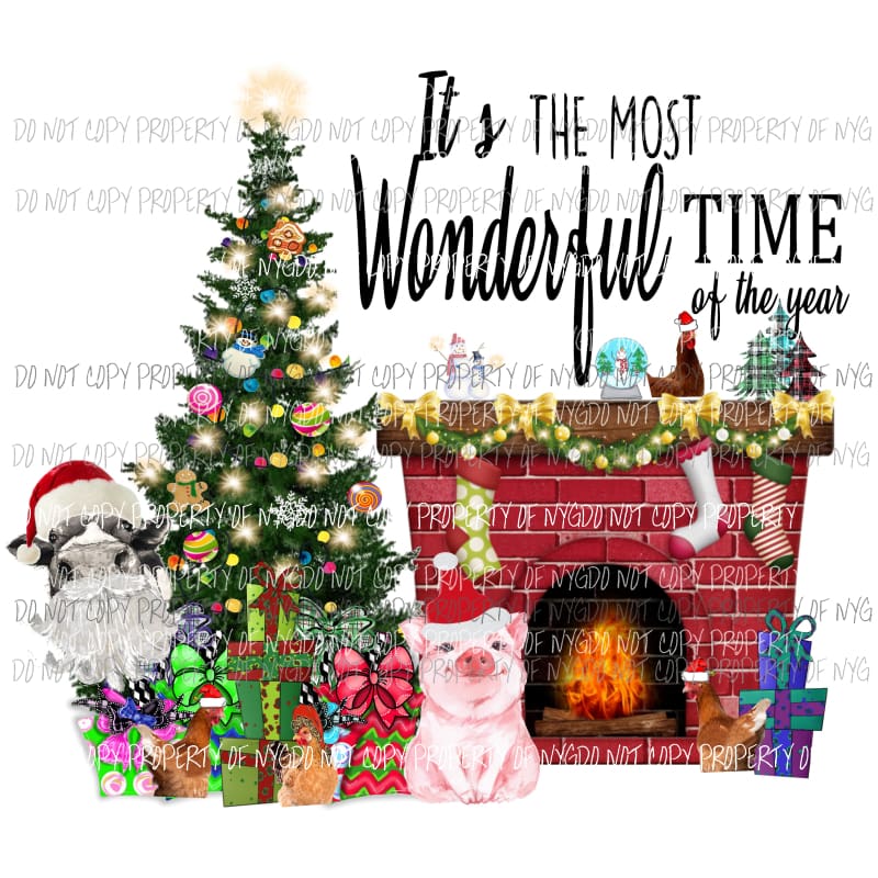 Its the most wonderful time of the year Pig cow chickens Santa Sublimation transfers Heat Transfer