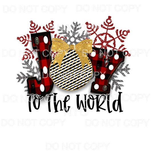 Joy To The World Red Sliver Glitter Buffalo Plaid Gold Bow 