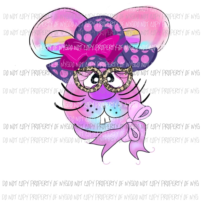 Lady Bunny purple hat bow glasses watercolor Sublimation transfers Heat Transfer