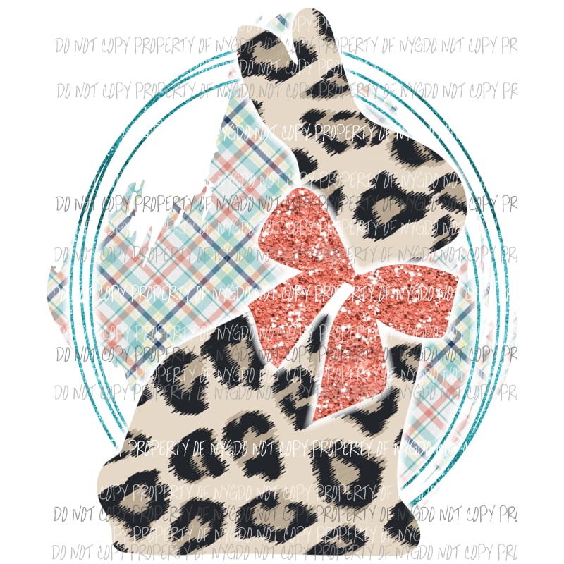 Leopard Bunny Oval #2 coral bow plaid Sublimation transfers Heat Transfer