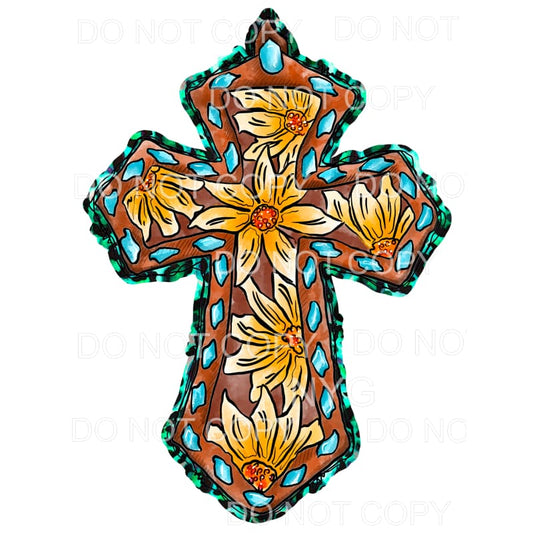 Leopard Sunflower Turquoise Cross Sublimation transfers - 