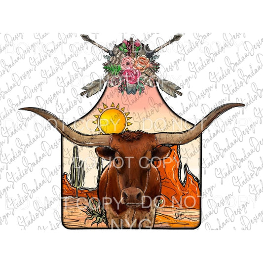 Longhorn Cattle Desert Scene Cow Tag Arrows Flowers #389 