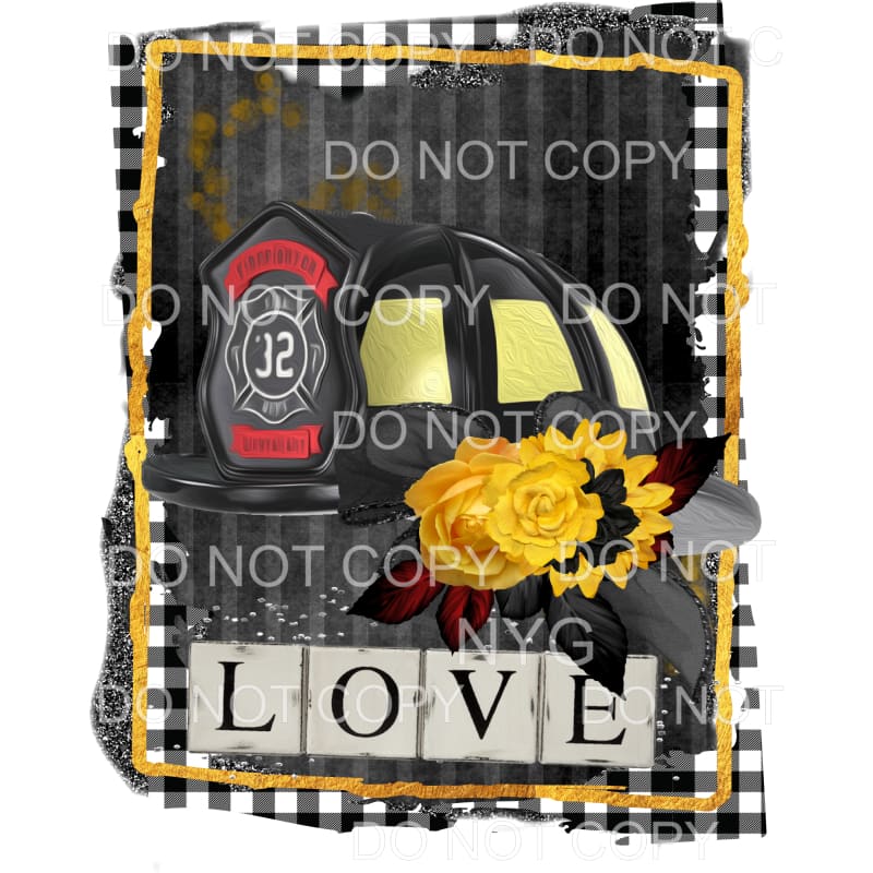 Love Firefighter Black Helmet Gold Flower Sublimation 