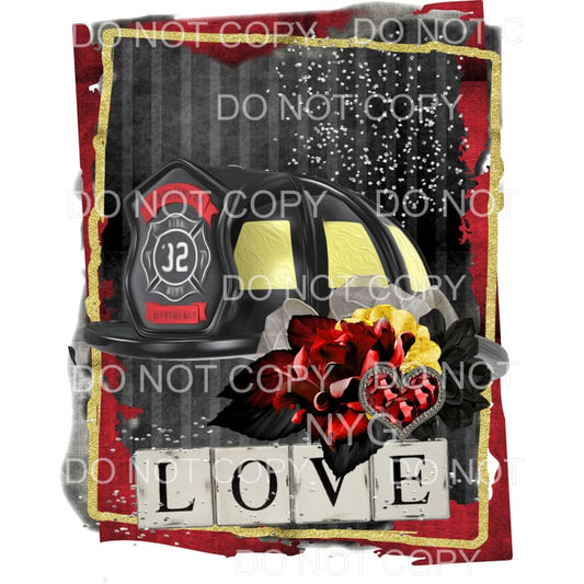 Love Firefighter Black Helmet Red Flower Sublimation 