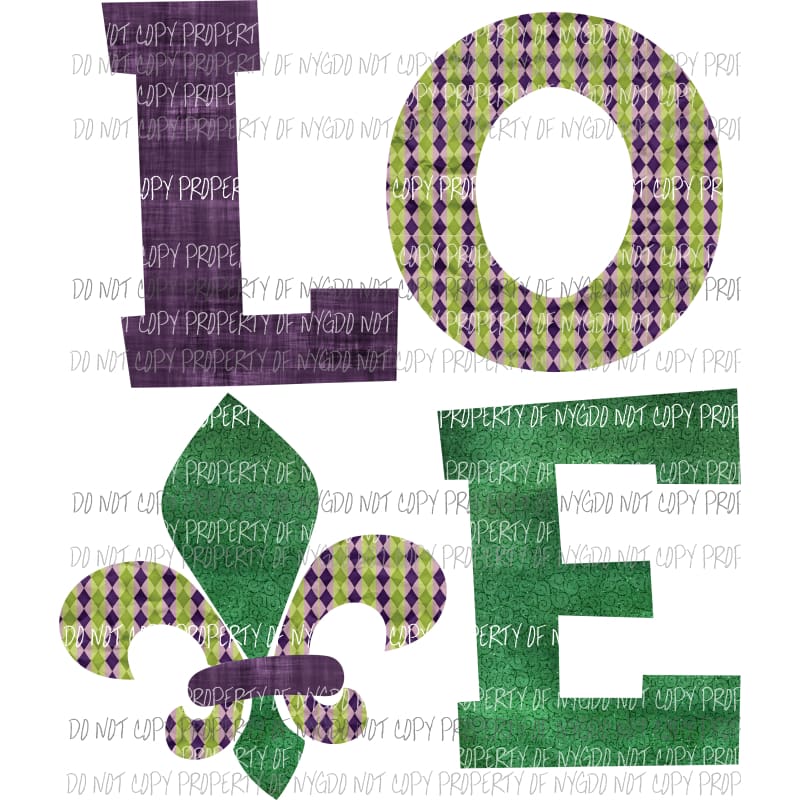 LOVE fleur #2 green purple plaid Mardi Gras Sublimation transfers Heat Transfer
