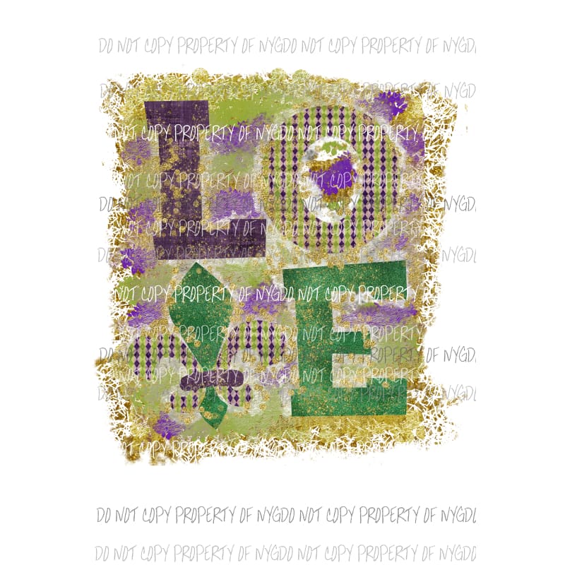 LOVE fleur #3 green purple plaid gold distressed background Mardi Gras Sublimation transfers Heat Transfer