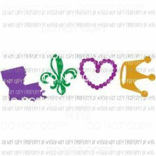 LOVE Mardi Gras New Orleans Louisiana beads mask crown fluer de lis Sublimation transfers Heat Transfer