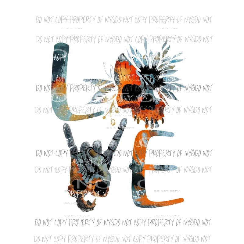 LOVE stacked peace sign skull feathers Sublimation transfers Heat Transfer