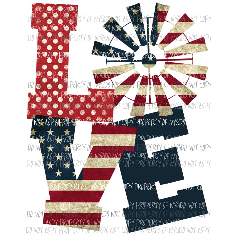 LOVE windmill american flag Sublimation transfers Heat Transfer
