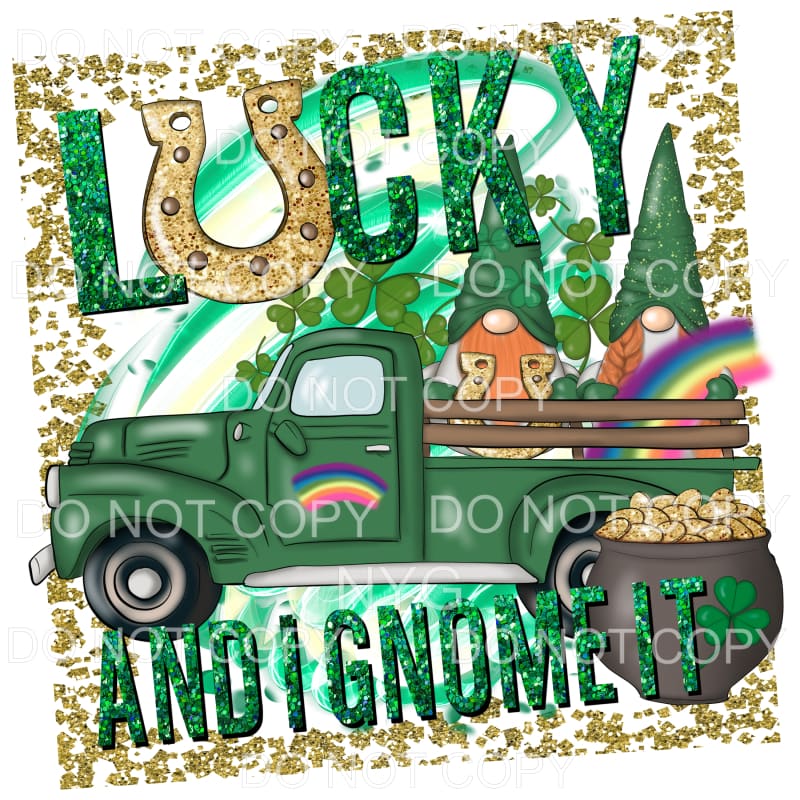 Lucky And I Gnome It Green Truck Rainbow Gold Horsehoe 