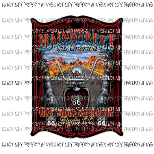 Main Street Of America Get Your Kicks Route 66 motorcyle Sublimation transfers Heat Transfer