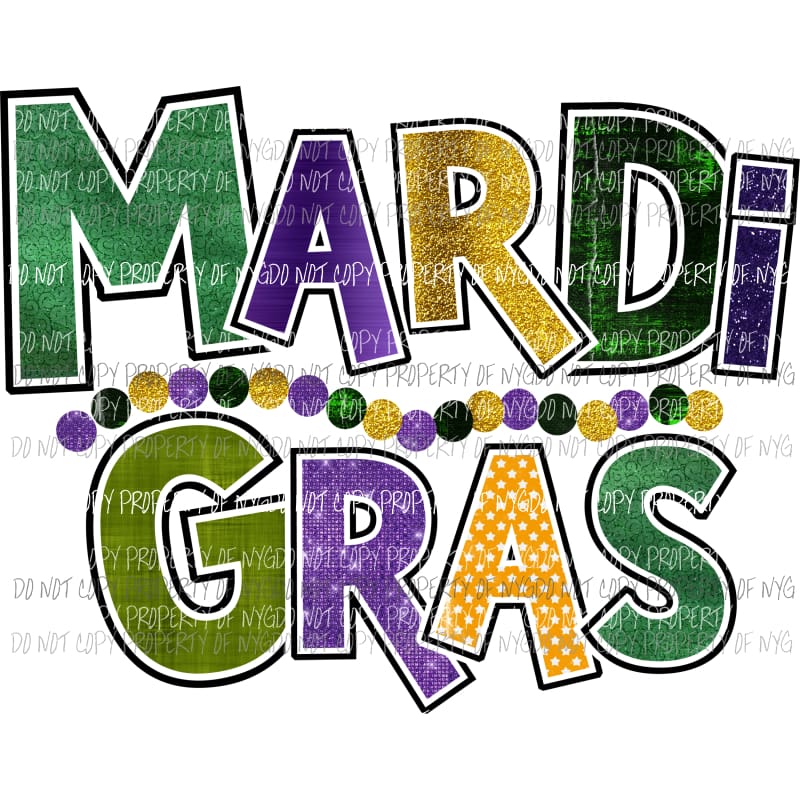 Mardi Gras word art #2 dark colors gold purple green orange beads Sublimation transfers Heat Transfer